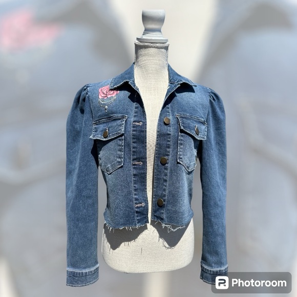 Victorian flamingo handpainted rhinestones cropped denim TGLA Jean jacket sz LG - Picture 7 of 16
